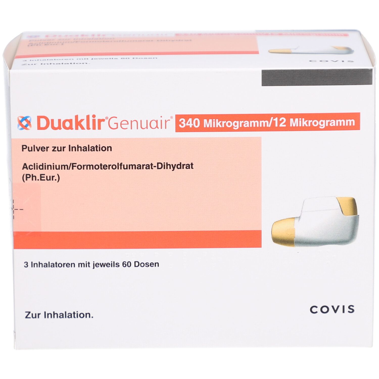 Karton von Duaklir Genuair. Aufschrift: 340 Mikrogramm/12 Mikrogramm. Enthält 3 Inhalatoren mit je 60 Dosen. COVIS-Logo.