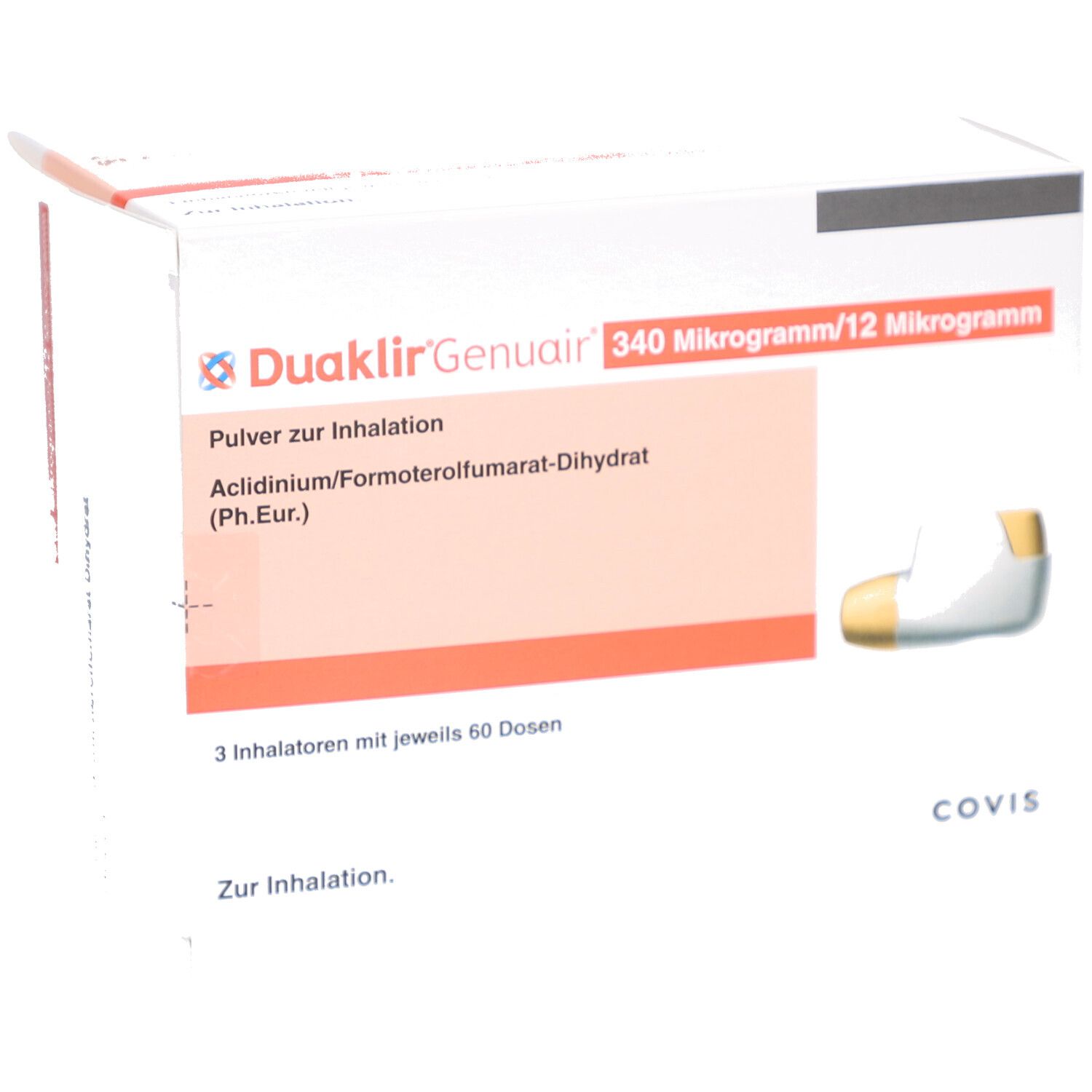 Karton von Duaklir Genuair. Aufschrift: 340 Mikrogramm/12 Mikrogramm. Enthält 3 Inhalatoren mit je 60 Dosen. COVIS-Logo.
