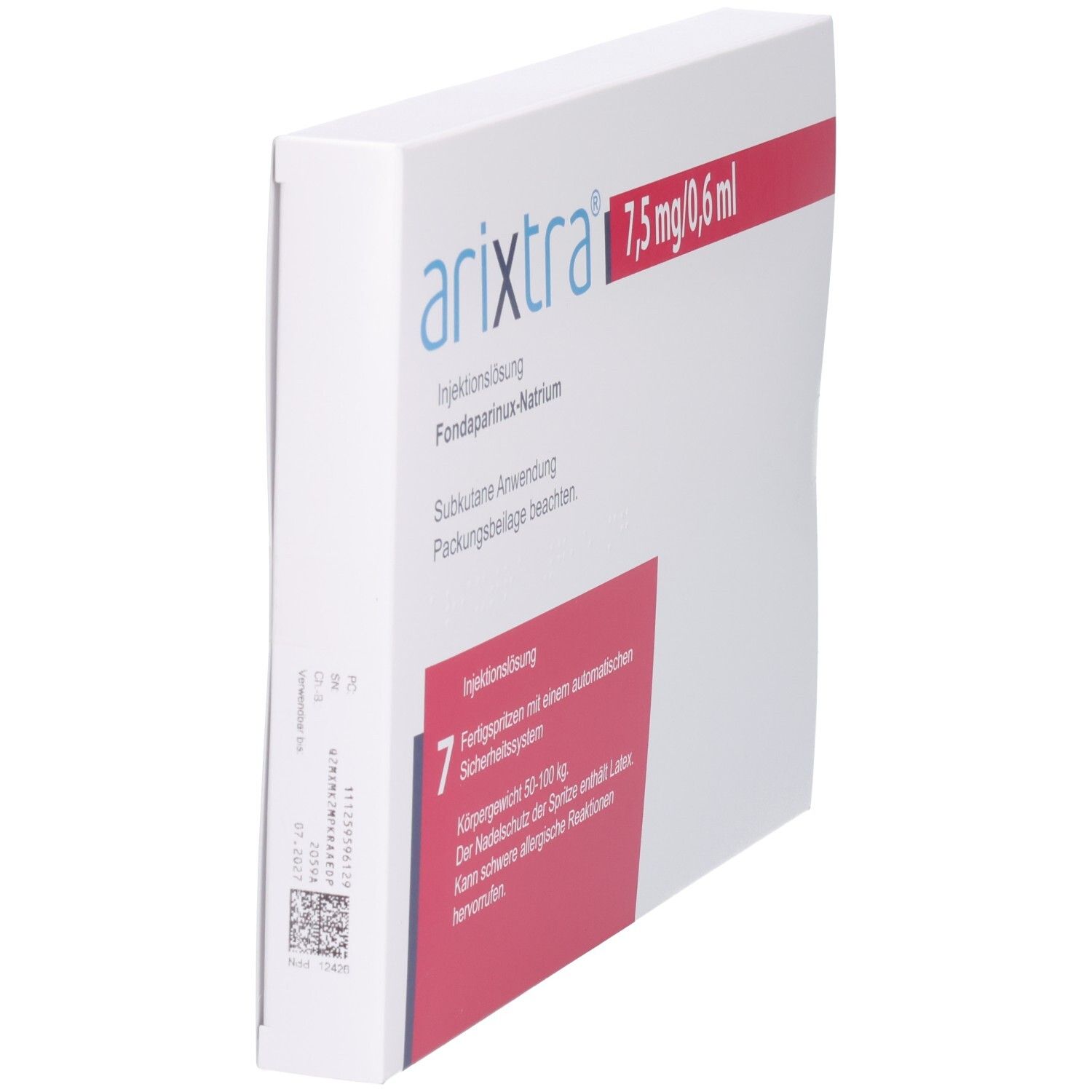 Arixtra 7,5 mg/0,6 ml Injektionslösung: Packung mit 7 Fertigspritzen mit automatischem Sicherheitssystem.