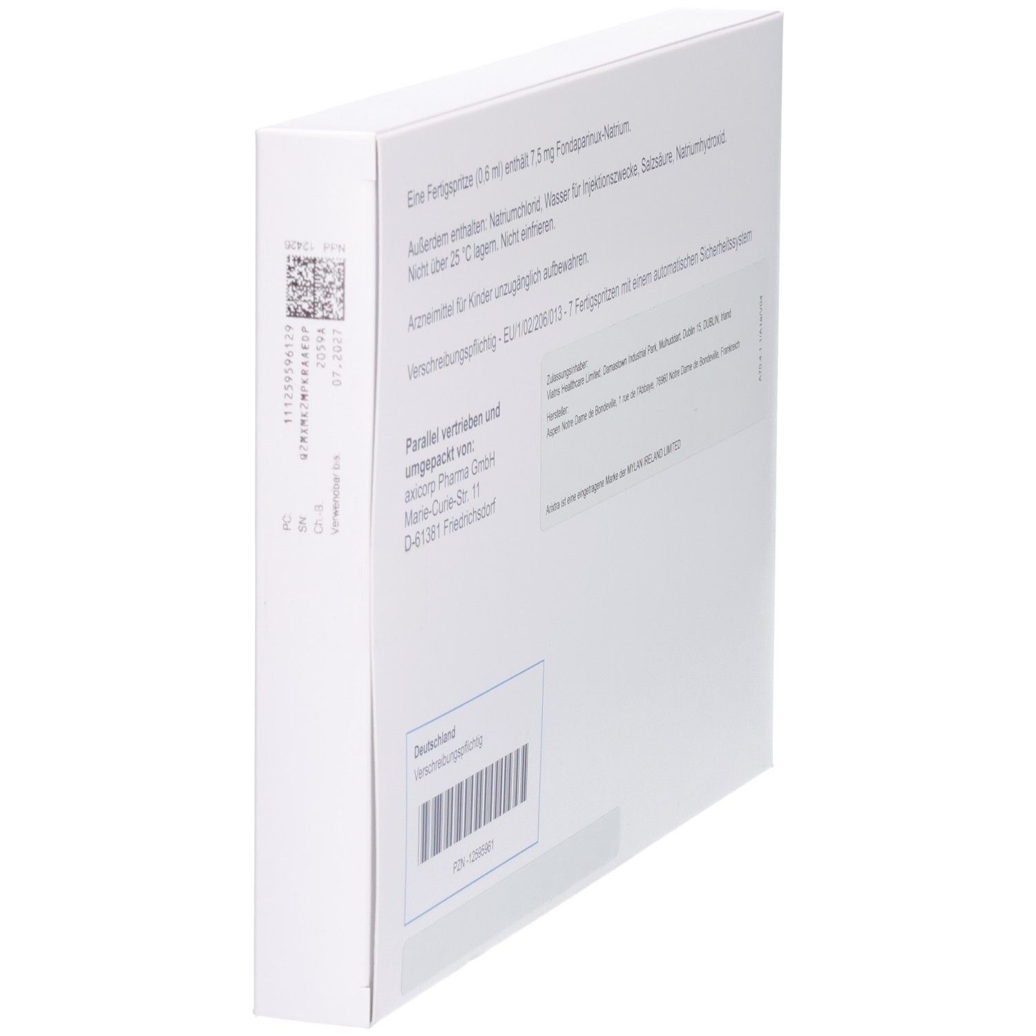 Arixtra 7,5 mg/0,6 ml Injektionslösung: Rückseite der Packung mit detaillierten Produktinformationen und Zulassungsinformationen.