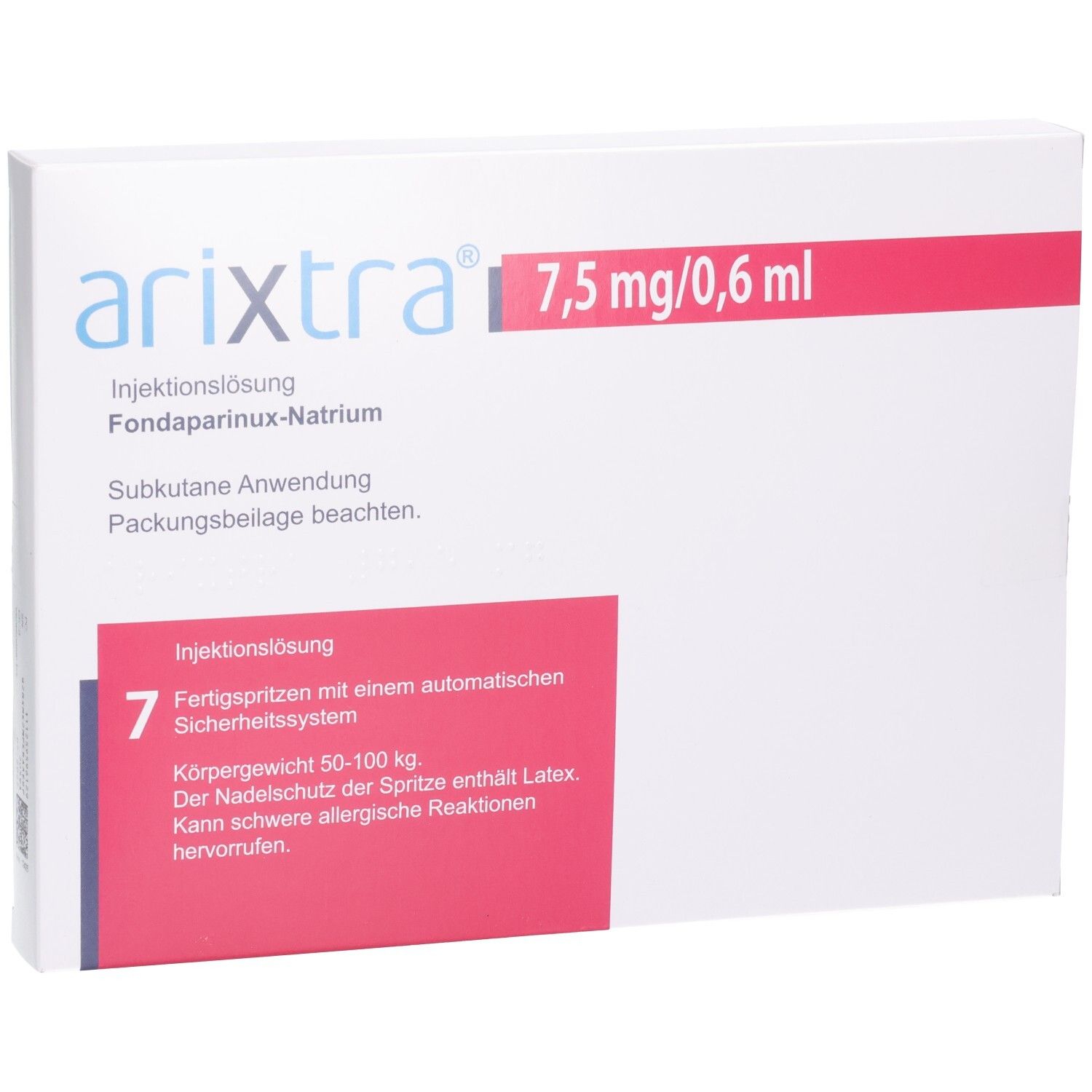 Arixtra 7,5 mg/0,6 ml Injektionslösung: Packung mit 7 Fertigspritzen mit automatischem Sicherheitssystem.