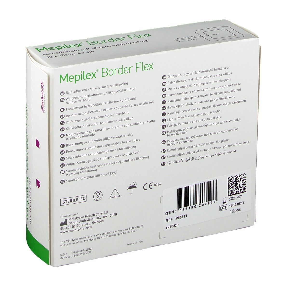 Rückseite der Verpackung des Mölnlycke Mepilex Border Flex Verbandes.