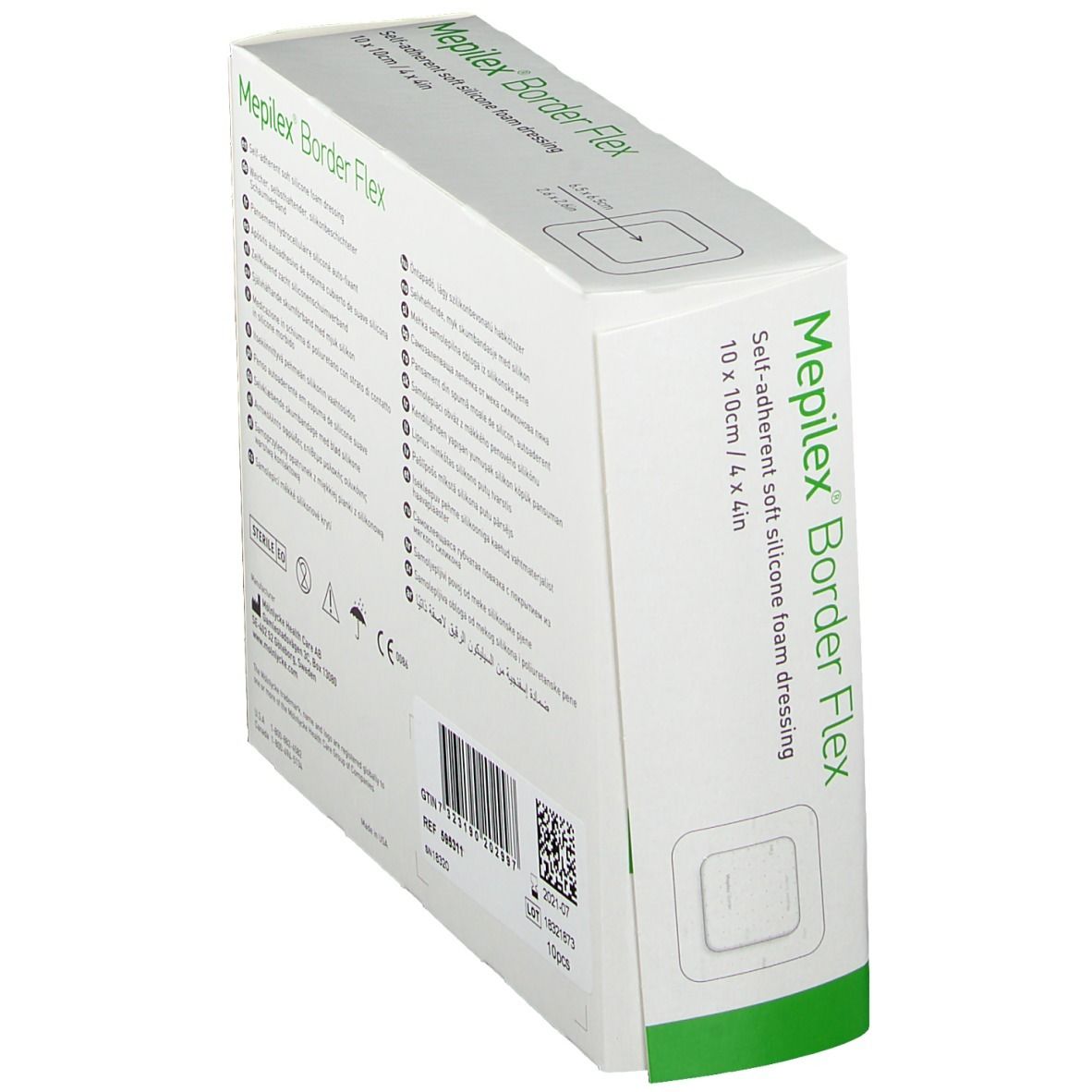 Verpackung des Mölnlycke Mepilex Border Flex Verbandes, 10 x 10 cm.