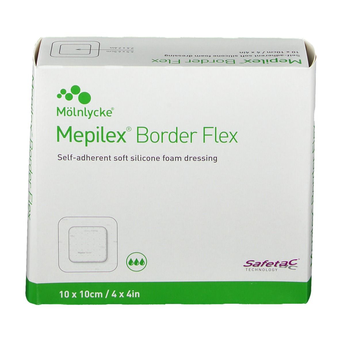 Mölnlycke Mepilex Border Flex Verband, 10 x 10 cm, Vorderansicht.