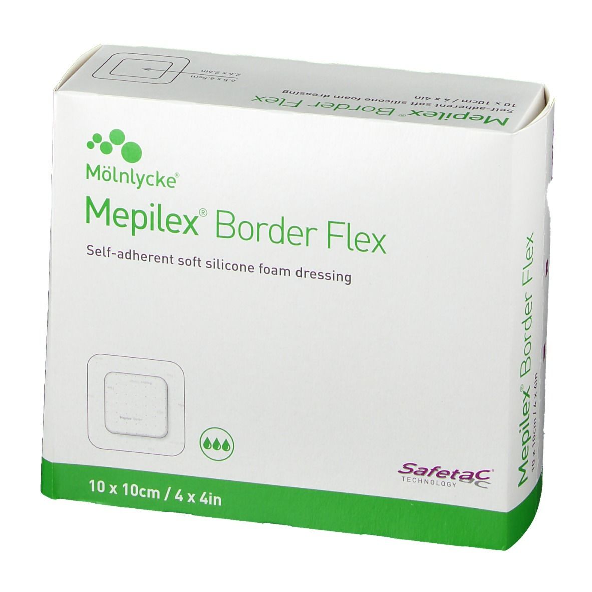 Verpackung des Mölnlycke Mepilex Border Flex Verbandes, 10 x 10 cm.