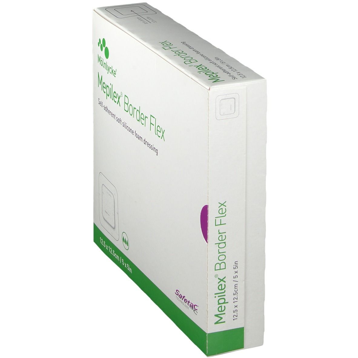 Seitenansicht der Verpackung Mepilex Border Flex, selbsthaftende weiche Silikon-Schaumstoffwunde.