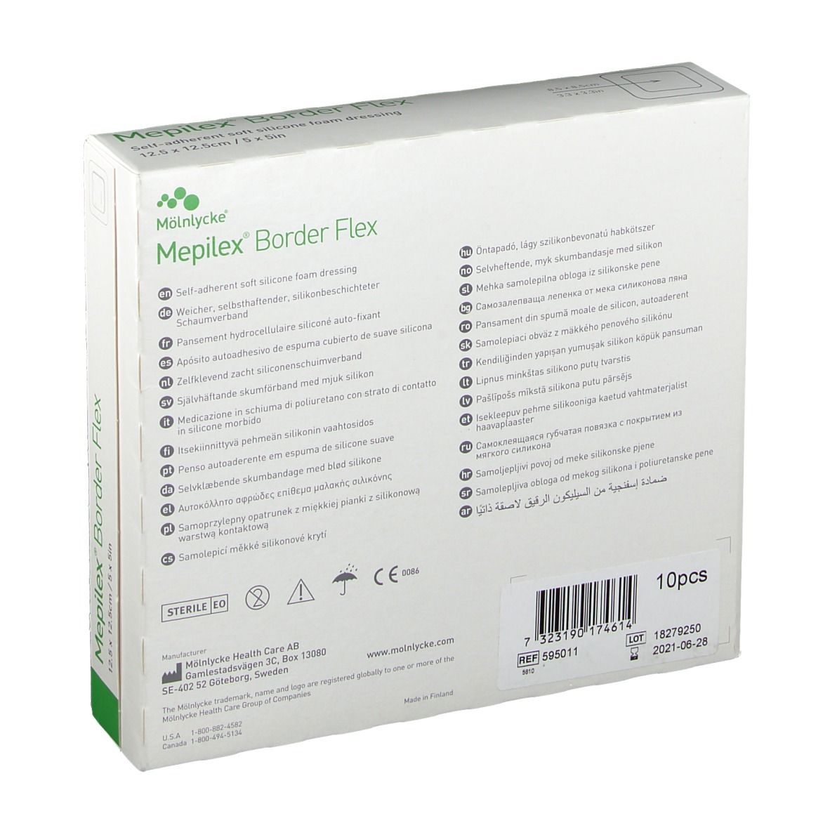 Rückseite der Verpackung Mepilex Border Flex mit Anwendungshinweisen und CE-Kennzeichnung.