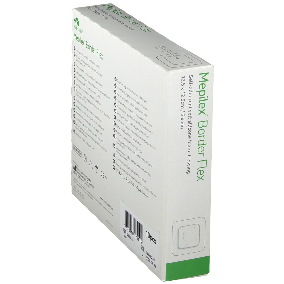 Seitenansicht der Verpackung Mepilex Border Flex, selbsthaftende weiche Silikon-Schaumstoffwunde.