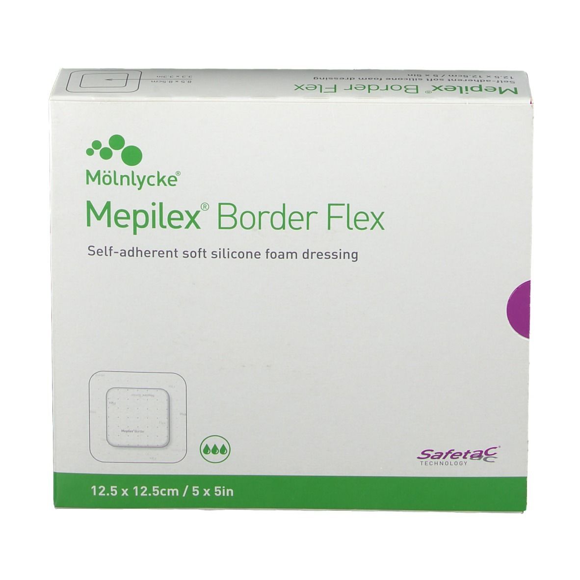 Verpackung Mepilex Border Flex, selbsthaftende weiche Silikon-Schaumstoffwunde, 12,5 x 12,5 cm.
