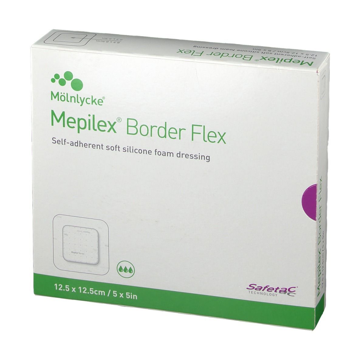 Vorderseite der Verpackung Mepilex Border Flex, selbsthaftende weiche Silikon-Schaumstoffwunde.