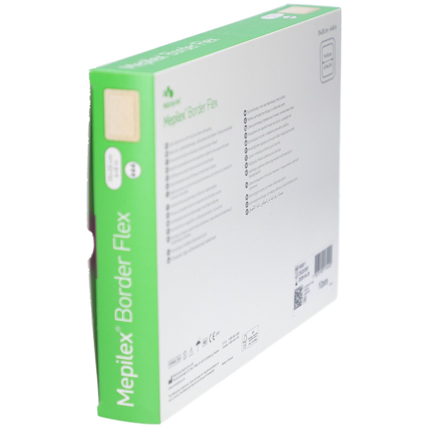 Schräg gestellte Verpackung von Mepilex Border Flex. Rückseite mit Produktinformationen.