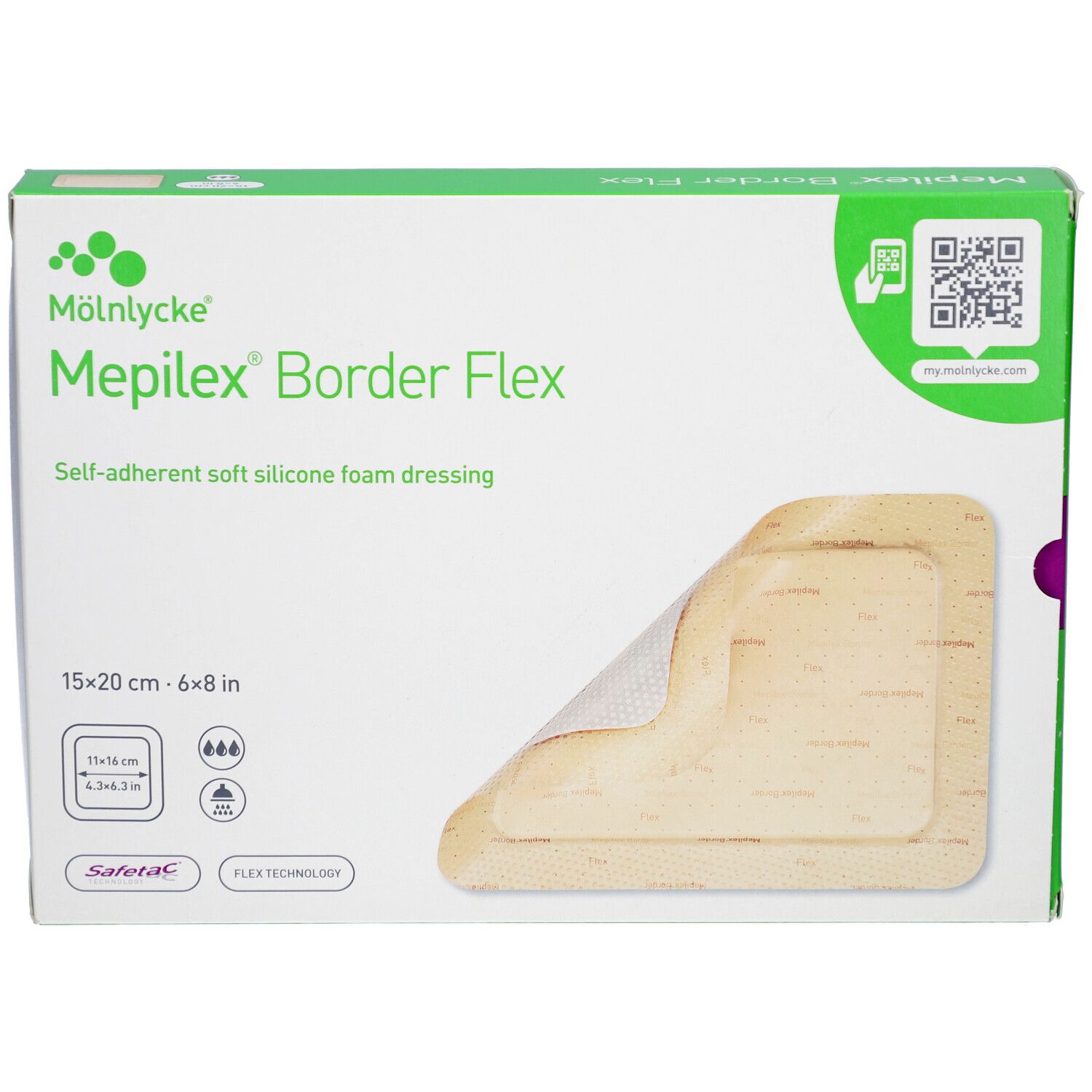 Verpackung von Mepilex Border Flex. Zeigt einen Verband. Größe: 15x20 cm. Mit Flex Technology und Safetac.