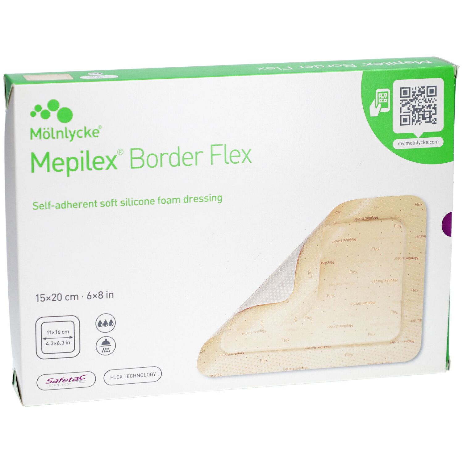 Verpackung von Mepilex Border Flex. Zeigt einen Verband. Größe: 15x20 cm. Mit Flex Technology und Safetac.