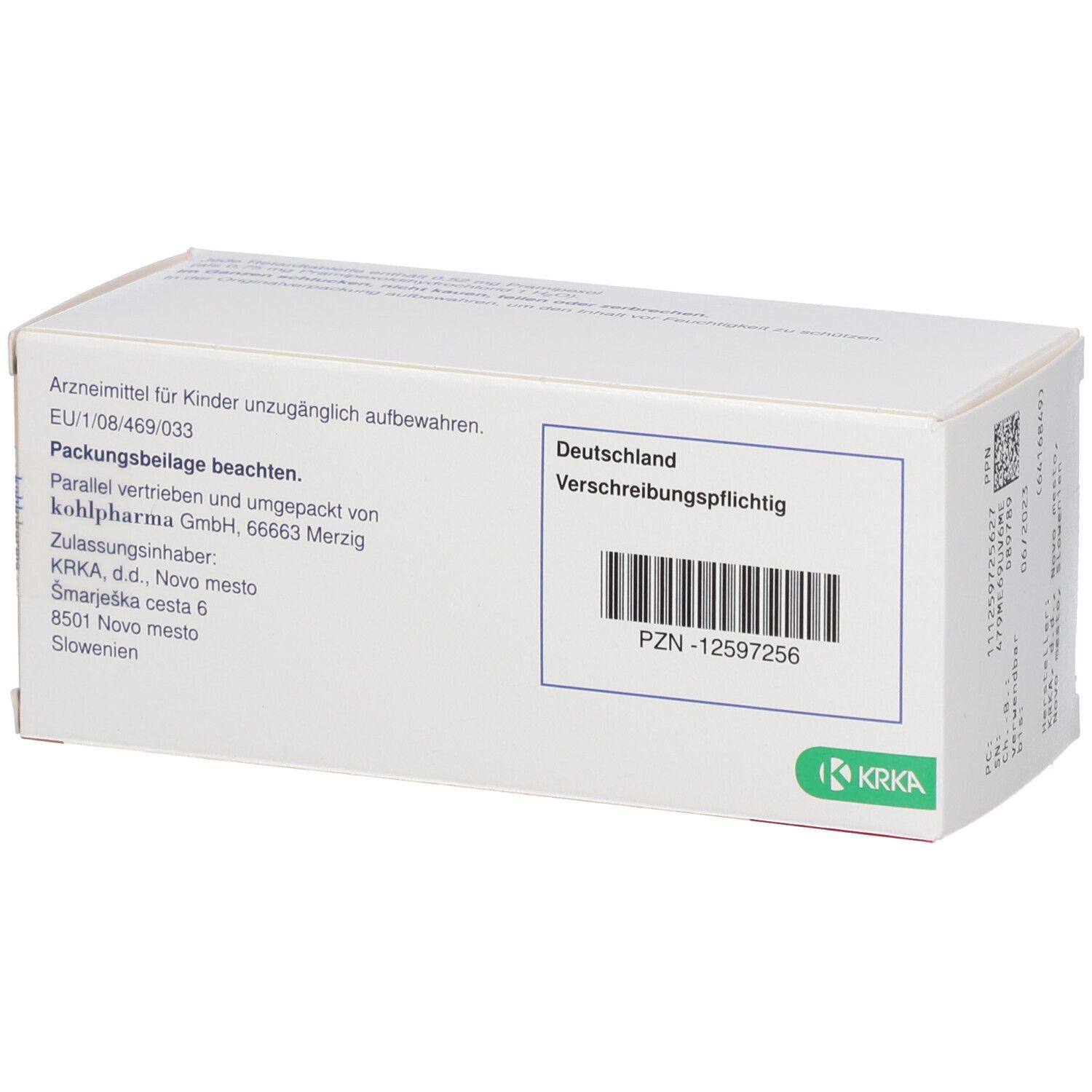Rückseite der Oprymea 0,52 mg Retardtabletten-Verpackung. Informationen: Verschreibungspflichtig, PZN-12597256. KRKA Logo.