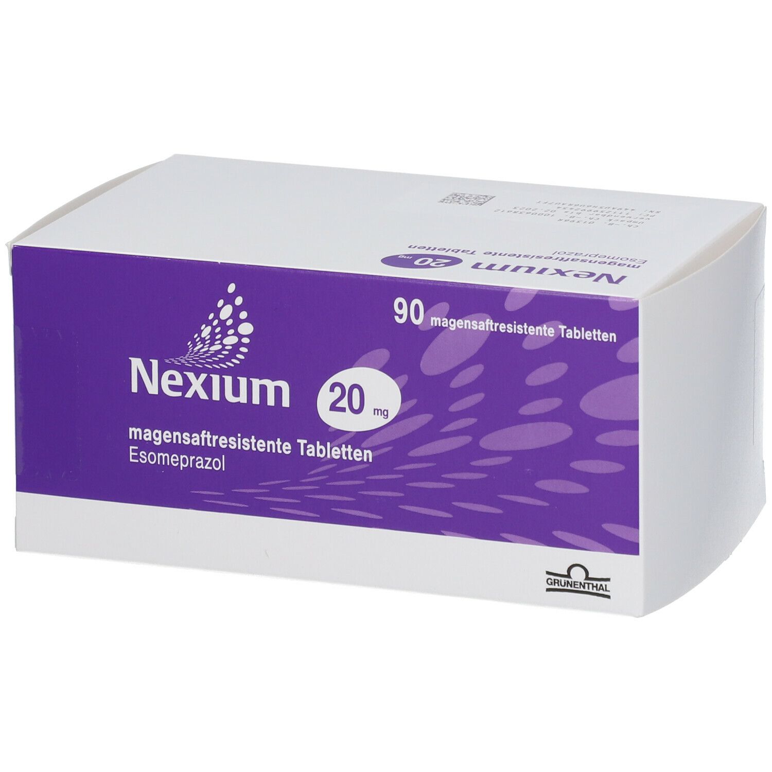 Schachtel Nexium 20 mg, 90 magensaftresistente Tabletten. Lila und weiße Verpackung mit Logo und Produktinformationen.