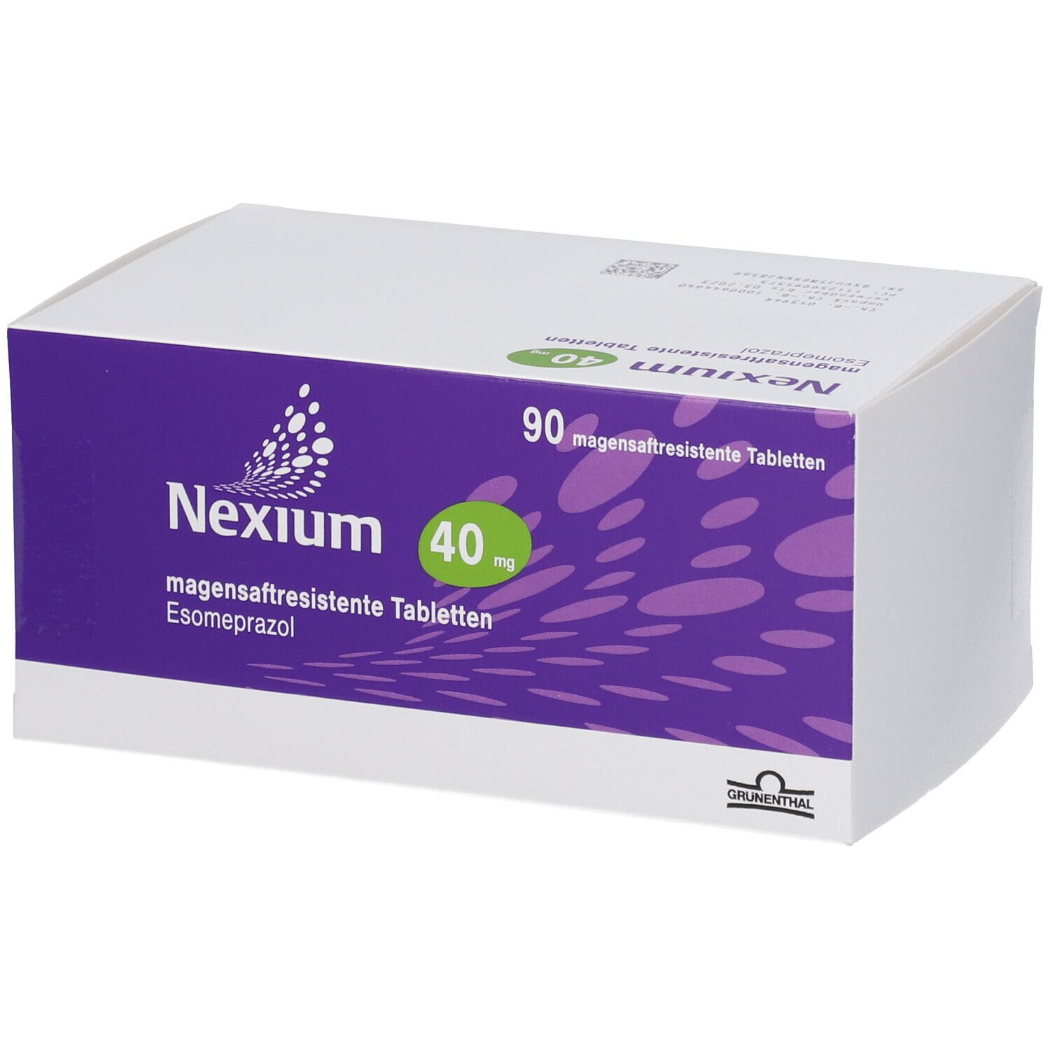 Schachtel mit Nexium 40 mg Tabletten. Lila und weißes Design mit Produktnamen und Dosierung. Enthält 90 Tabletten.