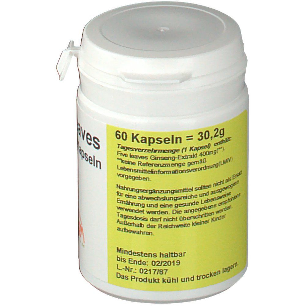 Weiße Dose mit gelbem Etikett. Aufschrift: 60 Kapseln, Five leaves, Ginseng. Mindestens haltbar bis 02/2019.