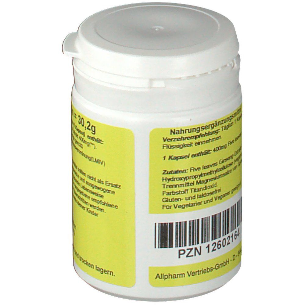 Weiße Dose mit gelbem Etikett. Aufschrift: 60 Kapseln, Five leaves, Ginseng. Zutaten, Barcode, PZN 12602164.