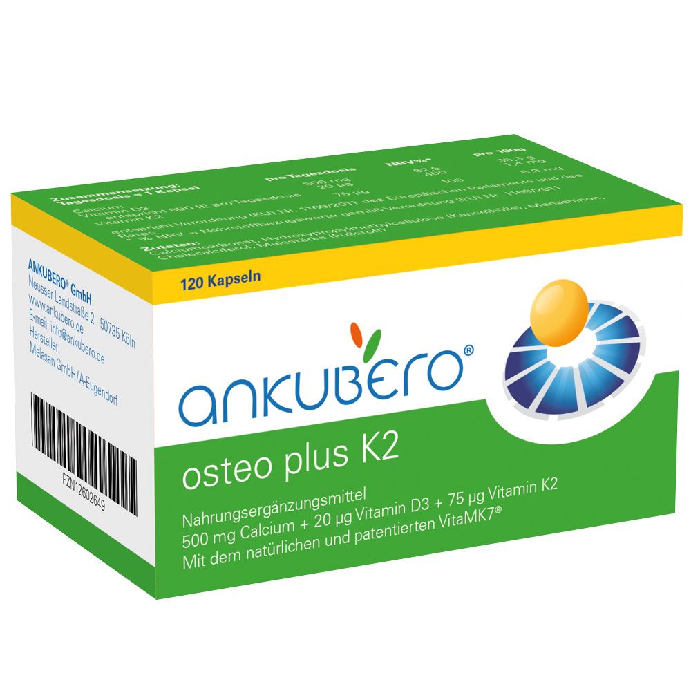 Verpackung von ankubero® osteo plus K2. Weiß-grüne Schachtel mit Produktnamen und Inhaltsstoffen. 120 Kapseln.