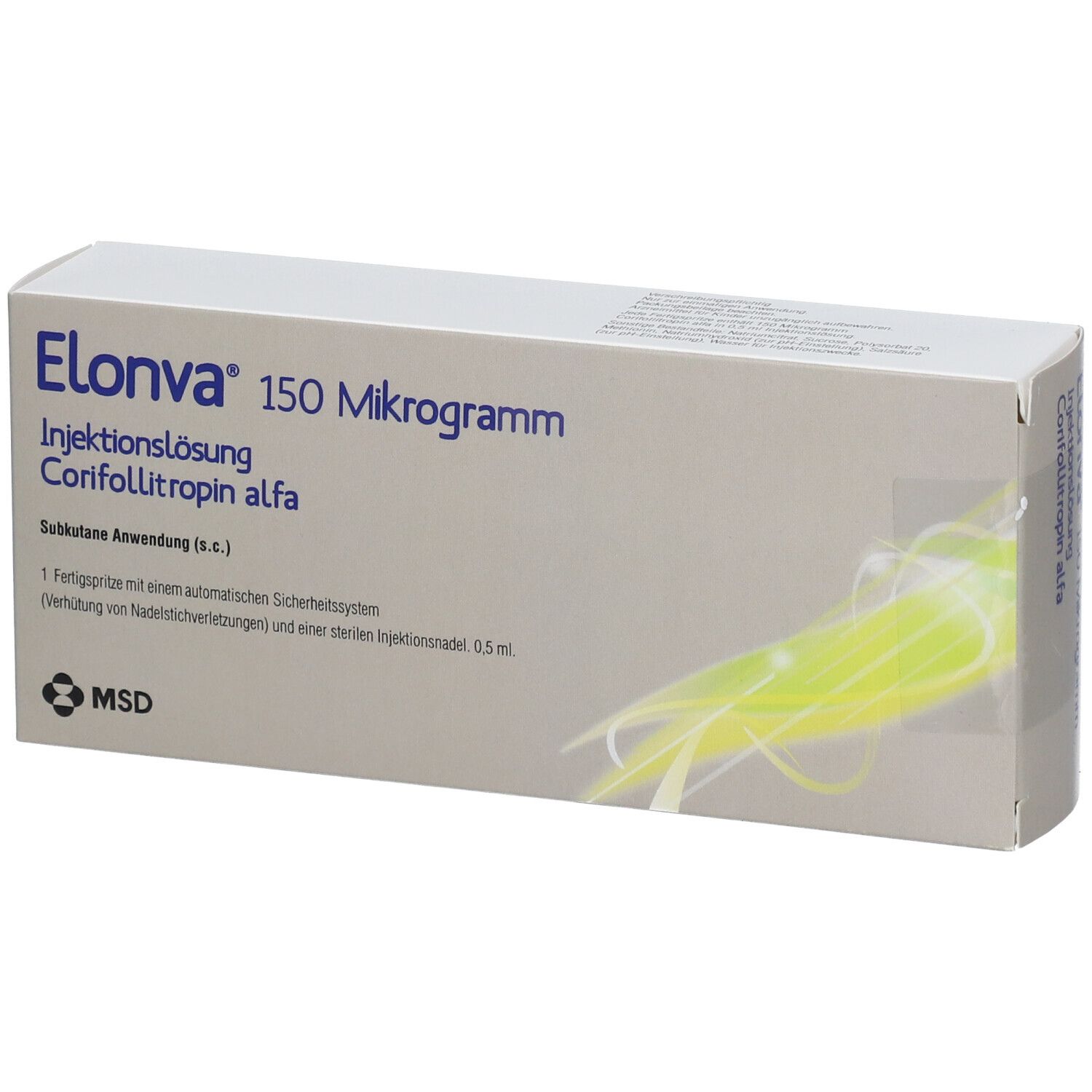 Schachtel mit "Elonva 150 Mikrogramm". Text: Injektionslösung, Corifollitropin alfa. MSD Logo.