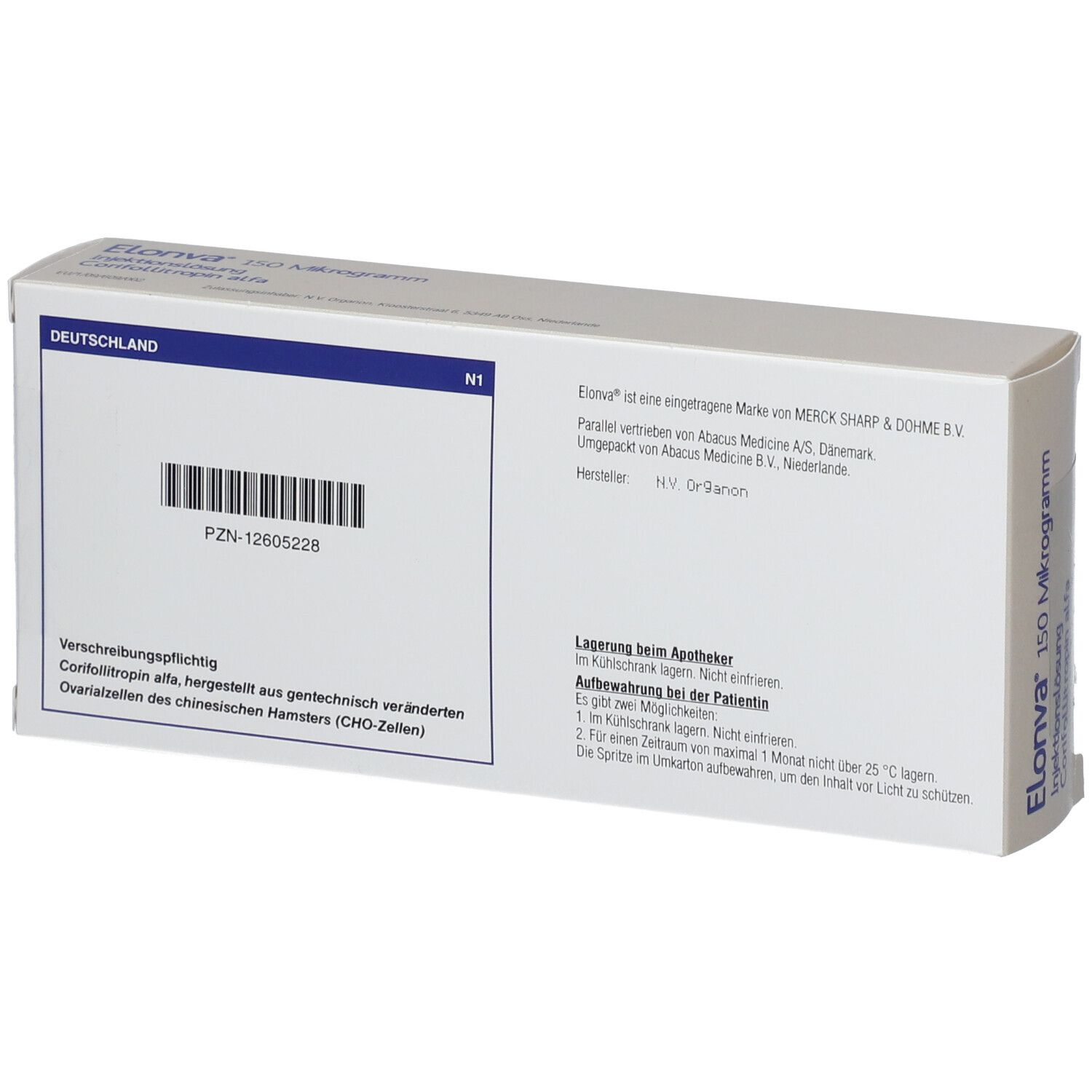 Rückseite der Schachtel "Elonva 150 Mikrogramm". Text: PZN, Hersteller, Lagerungshinweise.