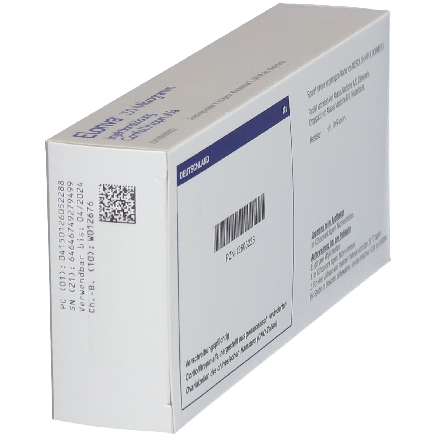 Schachtel "Elonva 150 Mikrogramm". Text: Injektionslösung, Corifollitropin alfa. Barcode und weitere Angaben.
