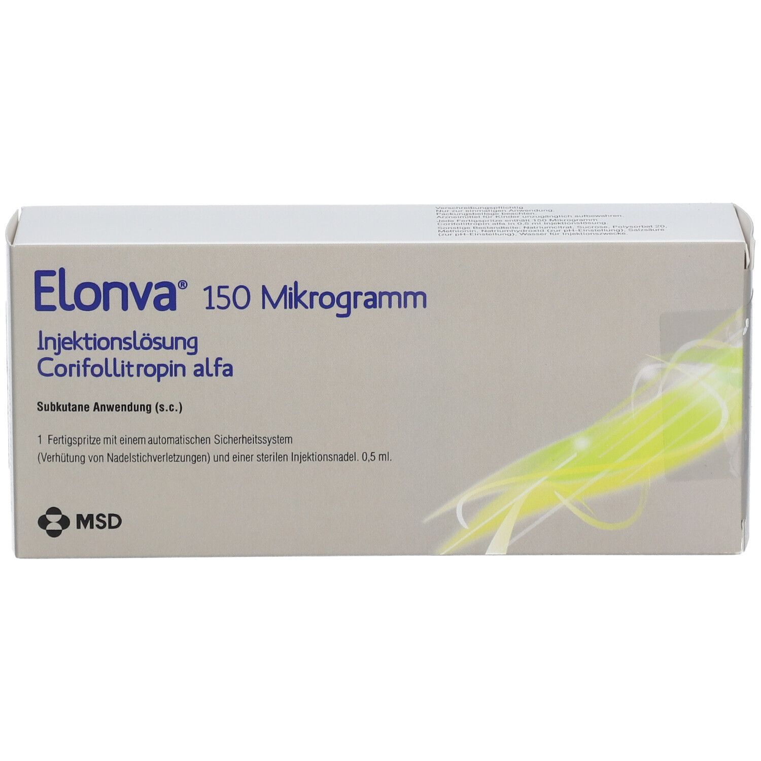 Schachtel mit "Elonva 150 Mikrogramm". Text: Injektionslösung, Corifollitropin alfa. MSD Logo.