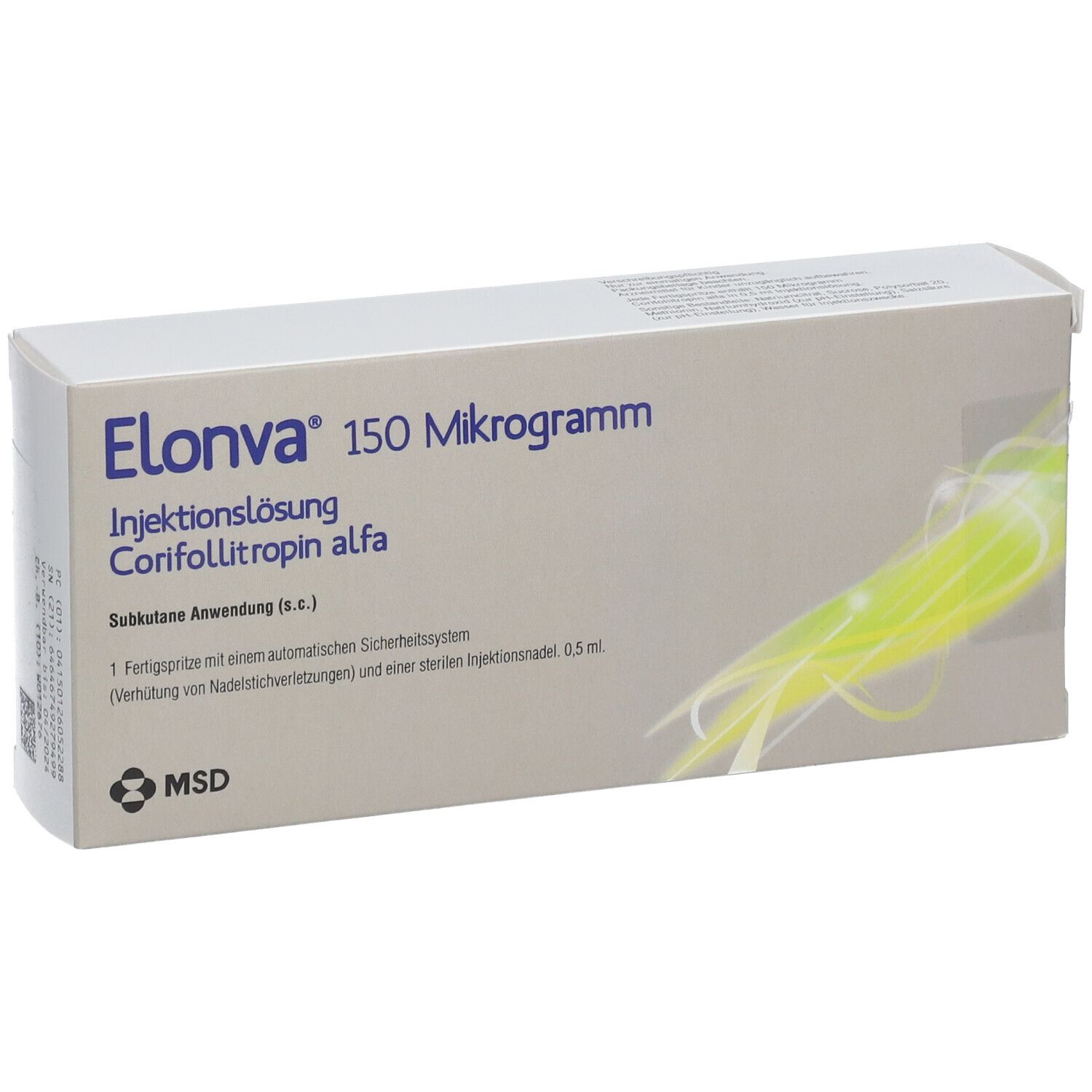 Schachtel mit "Elonva 150 Mikrogramm". Text: Injektionslösung, Corifollitropin alfa. MSD Logo.