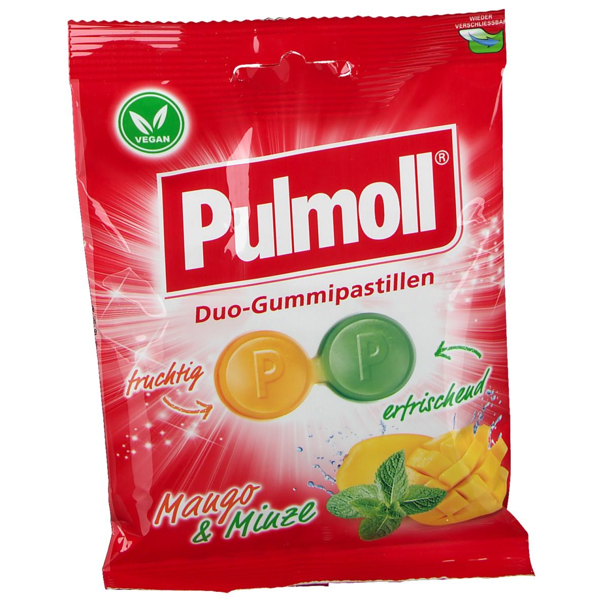 Rote Verpackung mit Pullmoll Duo-Gummipastillen. Mango & Minze. Vegan-Siegel. Gelbe und grüne Pastillen-Abbildung.