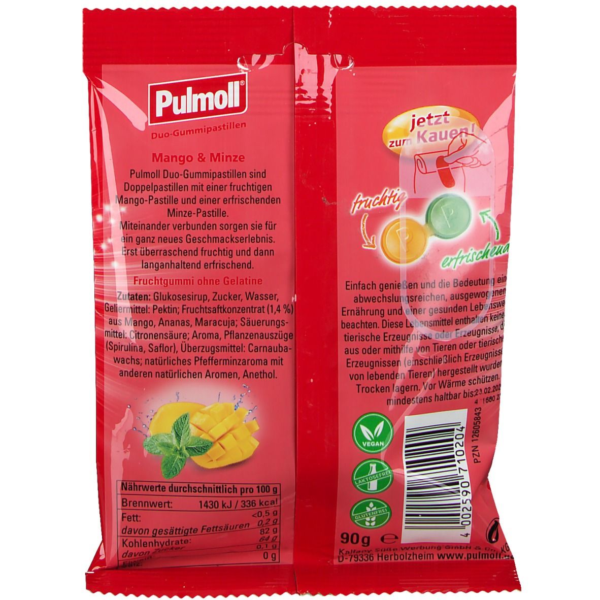 Rückseite der Verpackung von Pullmoll Duo-Gummipastillen. Mango & Minze. Text, Nährwertangaben, Vegan-Siegel, 90g.