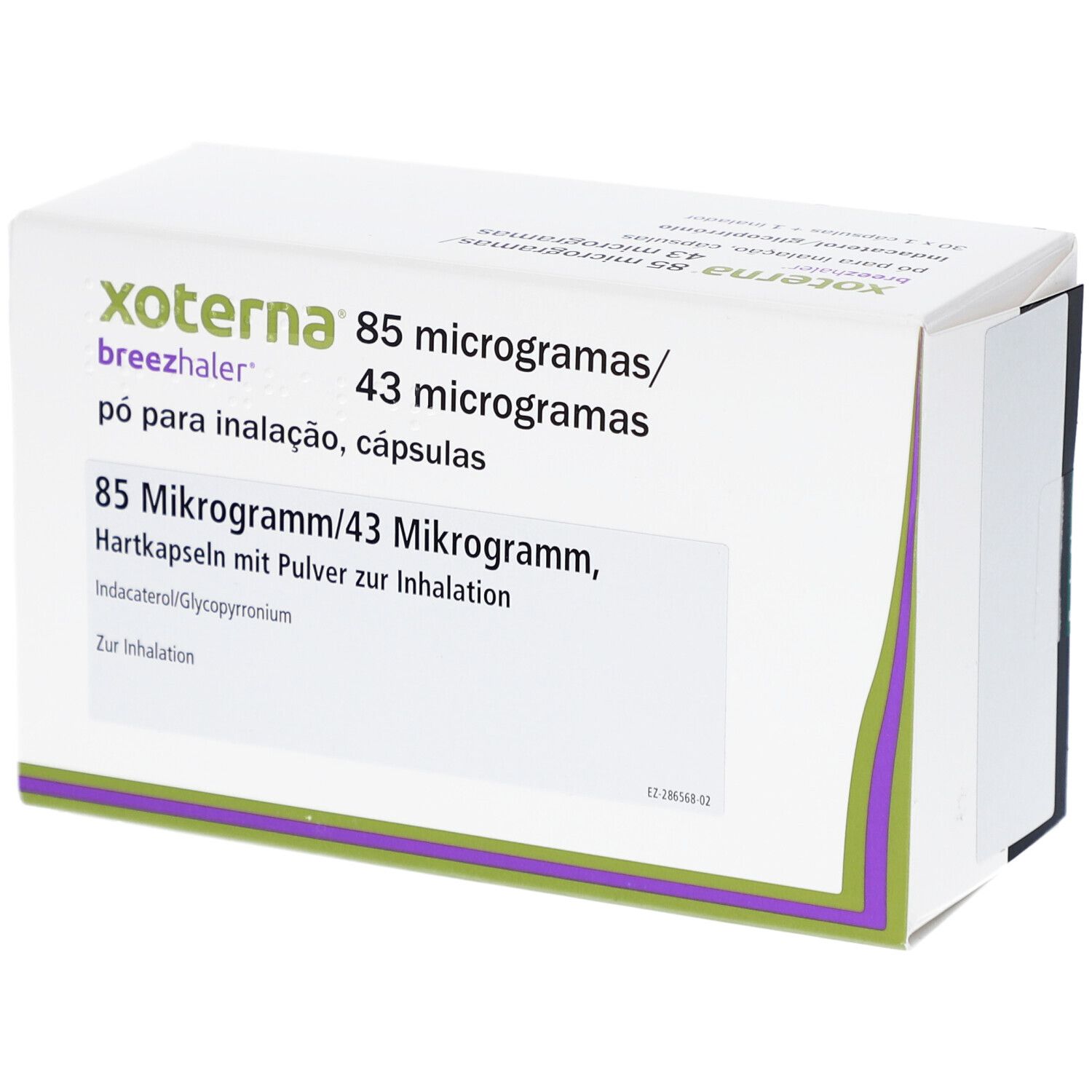 Karton von XOTERNA Breezhaler. Enthält 85 Mikrogramm/43 Mikrogramm Hartkapseln mit Pulver zur Inhalation.