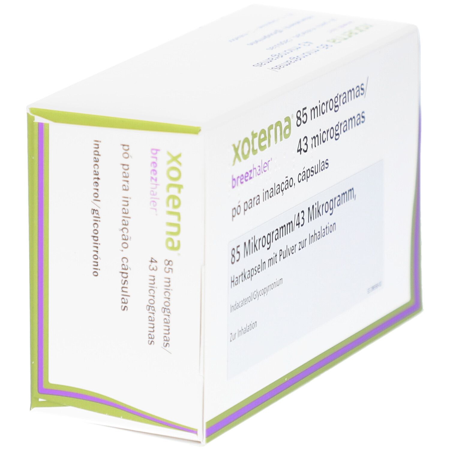 Schrägansicht der XOTERNA Breezhaler-Verpackung. Aufschrift: 85 Mikrogramm/43 Mikrogramm Hartkapseln.