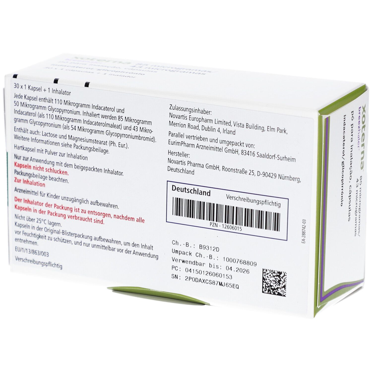 Rückseite der XOTERNA Breezhaler-Verpackung. Textinformationen, darunter Hersteller und Dosierung.