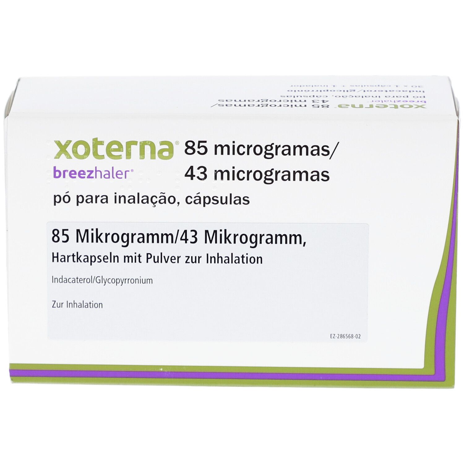 Vorderseite der XOTERNA Breezhaler-Verpackung. Enthält 85 Mikrogramm/43 Mikrogramm Hartkapseln.