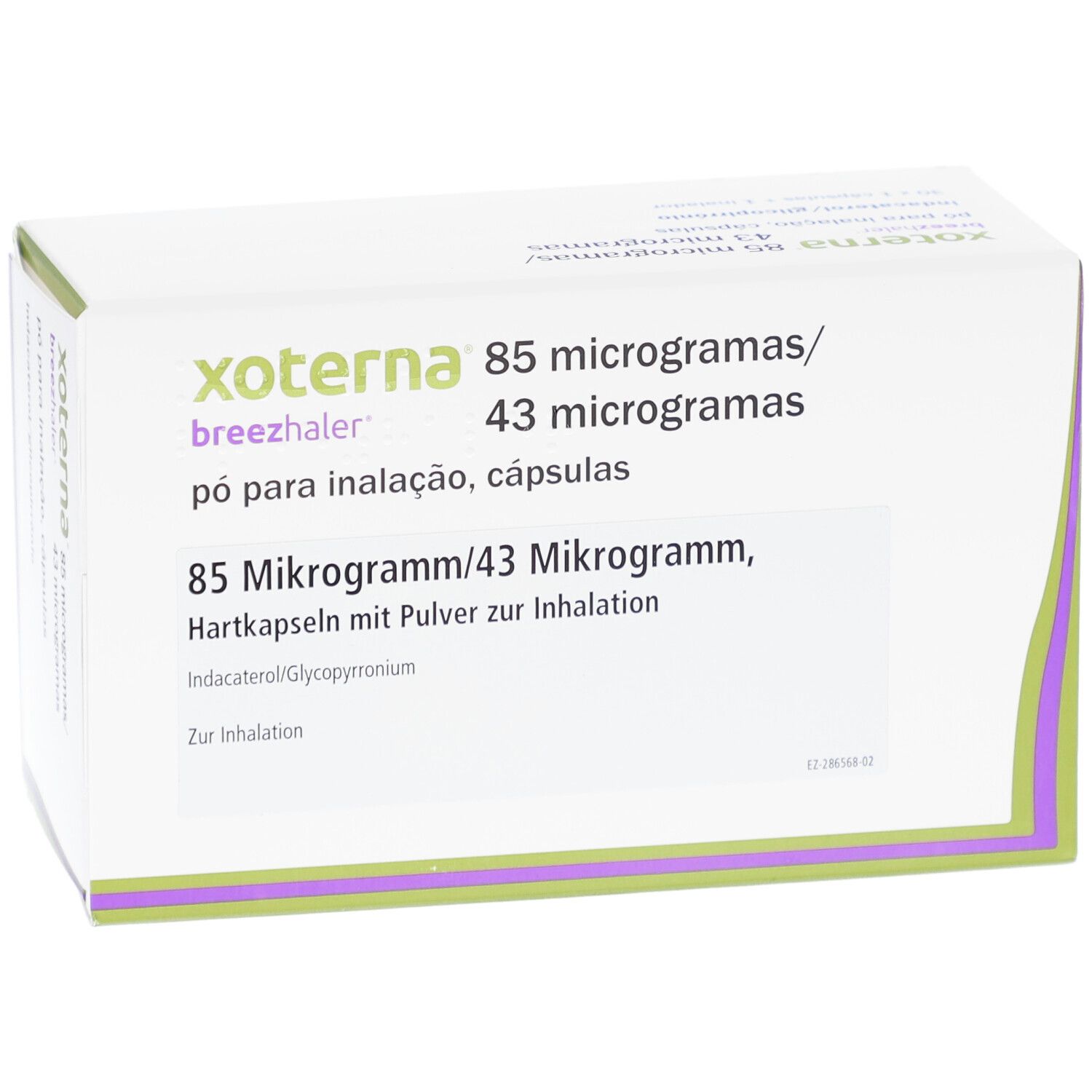 XOTERNA Breezhaler-Verpackung. Enthält 85 Mikrogramm/43 Mikrogramm Hartkapseln mit Pulver zur Inhalation.