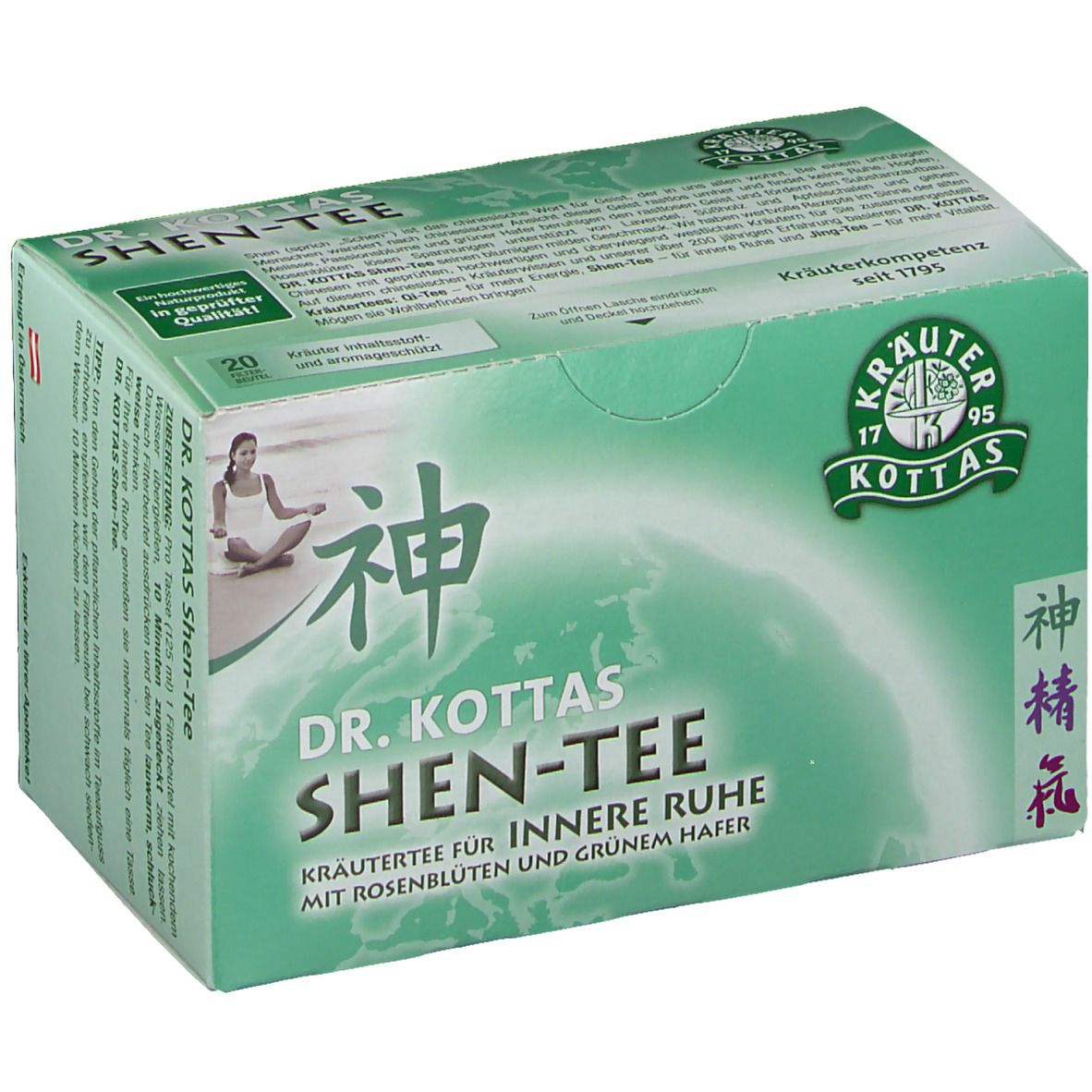 Grüne Schachtel mit Aufschrift DR. KOTTAS Shen-Tee. Kräutertee für innere Ruhe. Logo Kräuterkompetenz. 20 Teebeutel.