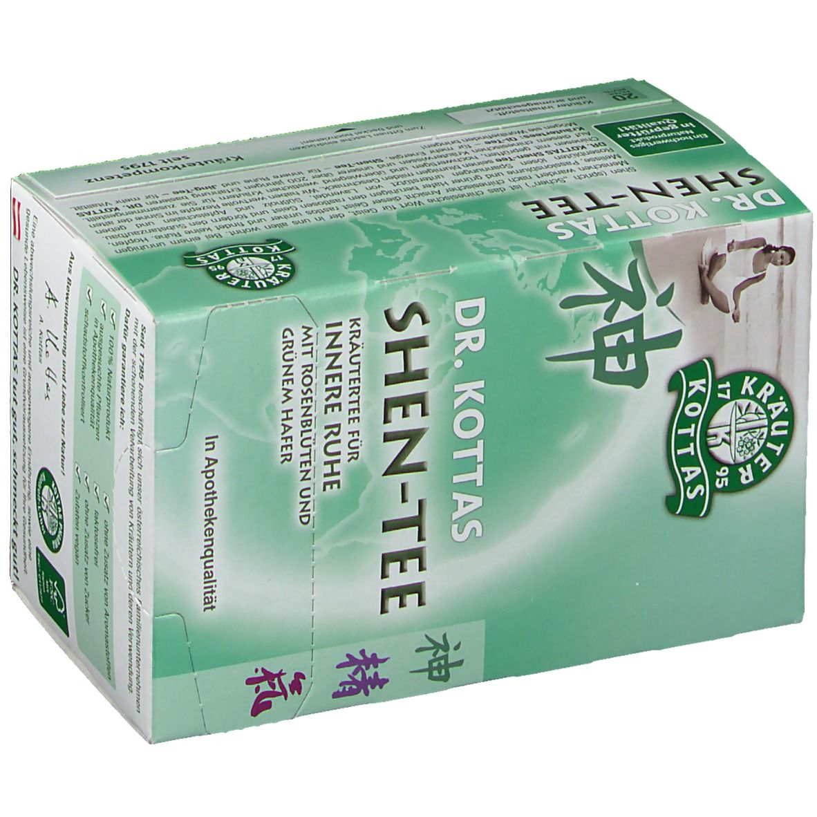 Schachtel DR. KOTTAS Shen-Tee, schräg. Text: Kräutertee für innere Ruhe. Logo Kräuterkompetenz. In Apothekenqualität.