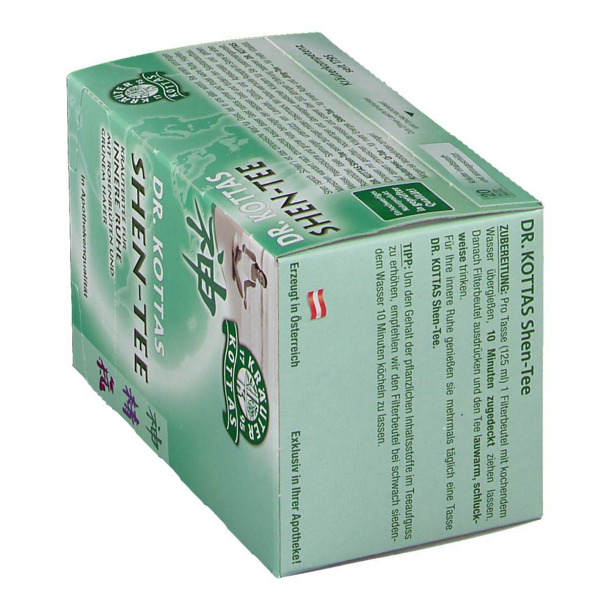 Schachtel DR. KOTTAS Shen-Tee, schräg. Text: Zubereitung. Logo Kräuterkompetenz. Hergestellt in Österreich. In Apothekenqualität.
