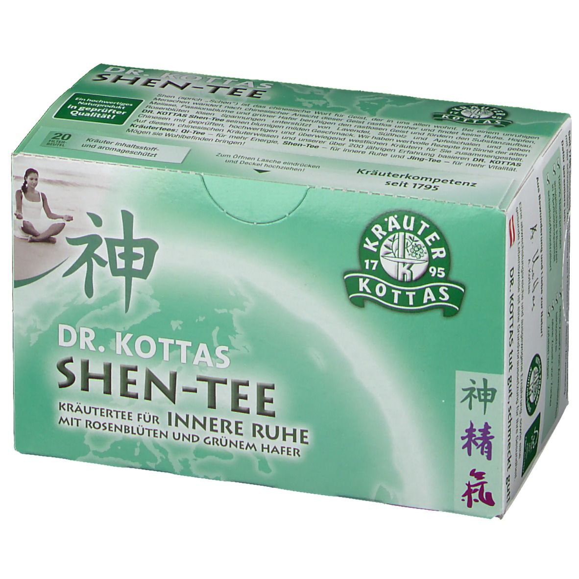 Grüne Schachtel DR. KOTTAS Shen-Tee. Kräutertee für innere Ruhe. Logo Kräuterkompetenz. 20 Teebeutel. Frau sitzt.