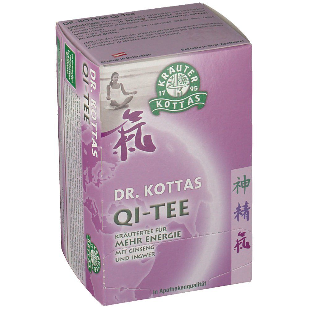 Karton DR. KOTTAS Qi-Tee. Lila Verpackung mit Logo und Schriftzug. Kräutertee für mehr Energie. Abbildung einer Person im Lotussitz.