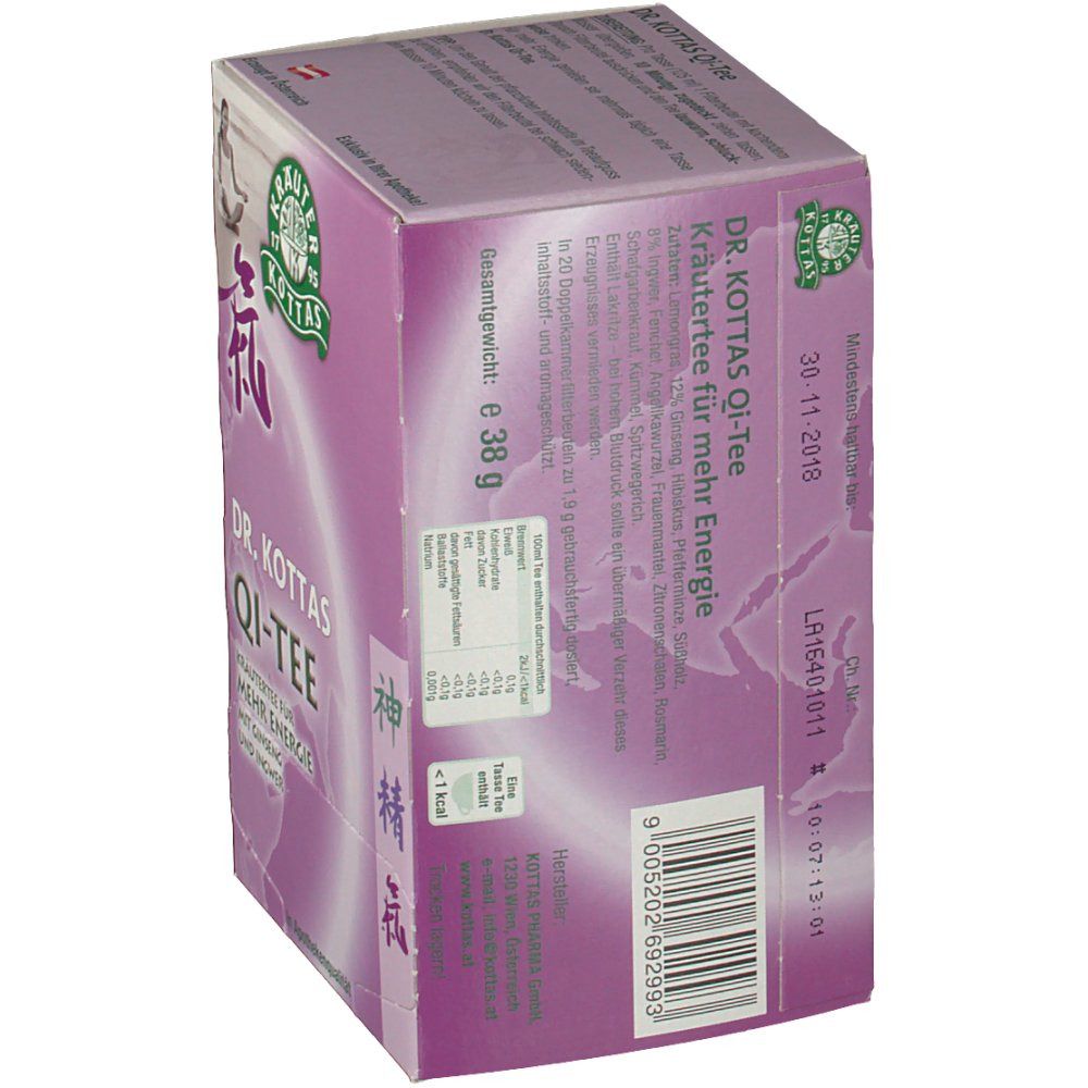 Karton DR. KOTTAS Qi-Tee. Rückseite mit Text und Barcode. Gewicht: 38 g. Mindesthaltbarkeitsdatum. Lila Verpackung.