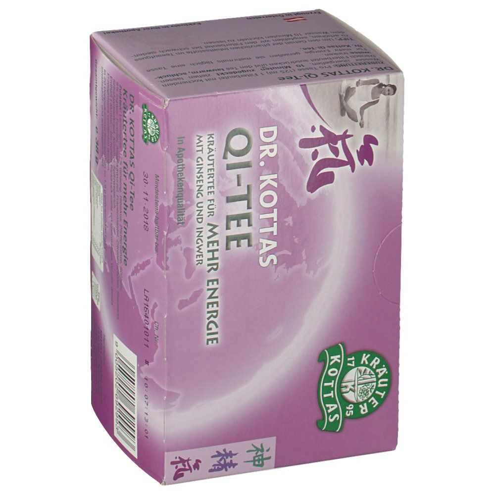 Karton DR. KOTTAS Qi-Tee. Lila Verpackung mit Logo und Schriftzug. Kräutertee für mehr Energie. Mindesthaltbarkeitsdatum.