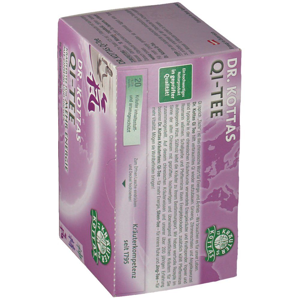 Karton DR. KOTTAS Qi-Tee. Lila Verpackung mit Logo und Text. Kräutertee für mehr Energie. 20 Kräuterteebeutel. Qualitätssiegel.