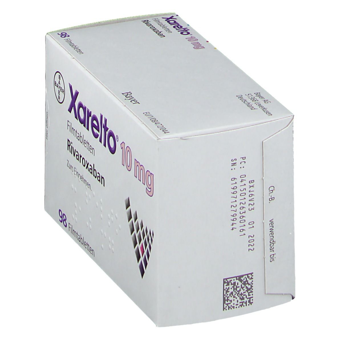 Schachtel Xarelto 10 mg, Seitenansicht. Aufschrift: Rivaroxaban, 98 Filmtabletten. Bayer-Logo. Weiße Verpackung mit lila Akzenten.