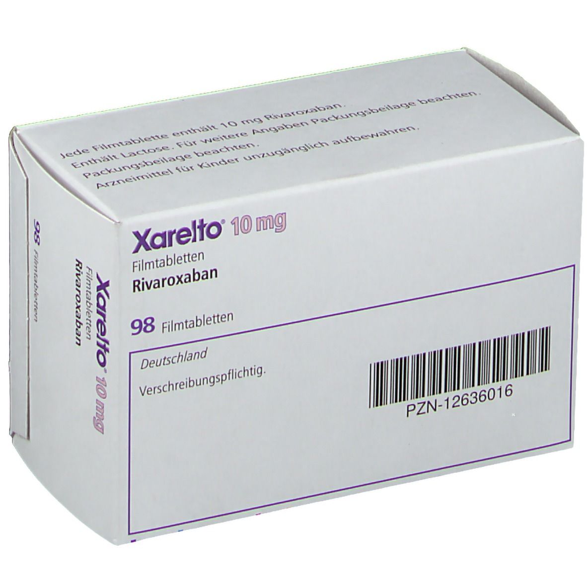 Schachtel Xarelto 10 mg. Aufschrift: Rivaroxaban, 98 Filmtabletten. Bayer-Logo. Weiße Verpackung mit lila Akzenten. PZN-12636016.