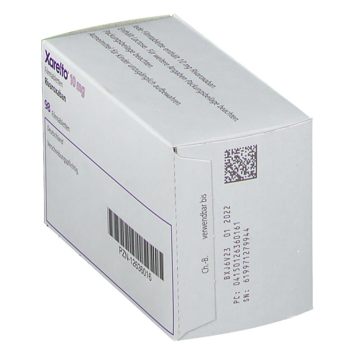 Schachtel Xarelto 10 mg, Seitenansicht. Aufschrift: Rivaroxaban, 98 Filmtabletten. Weiße Verpackung mit lila Akzenten. PZN-12636016.