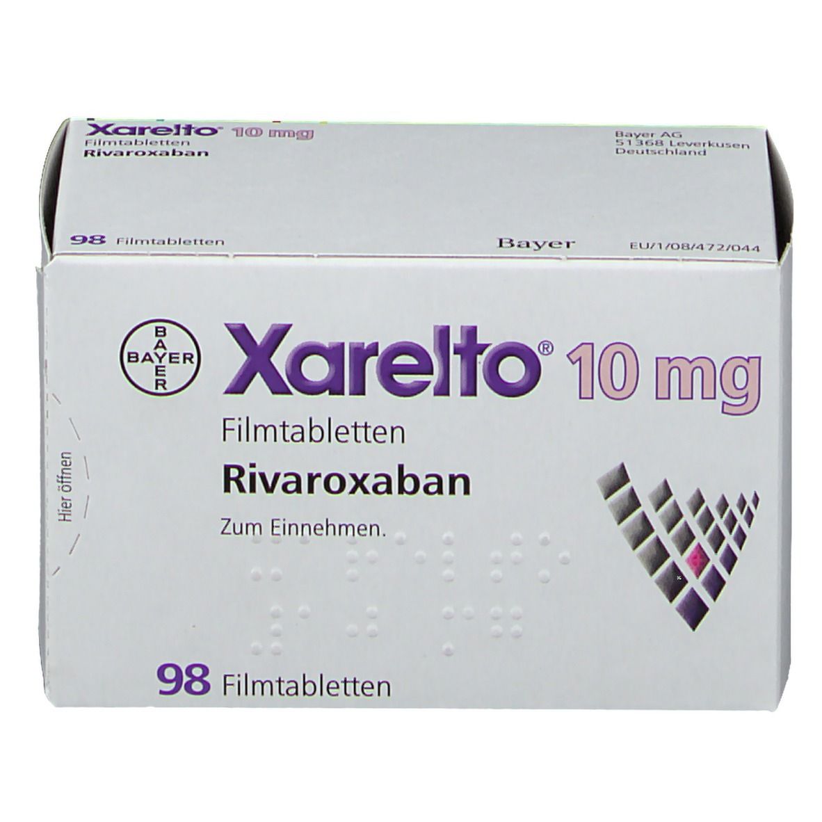 Schachtel Xarelto 10 mg. Aufschrift: Rivaroxaban, 98 Filmtabletten. Bayer-Logo. Weiße Verpackung mit lila Akzenten. Zum Einnehmen.
