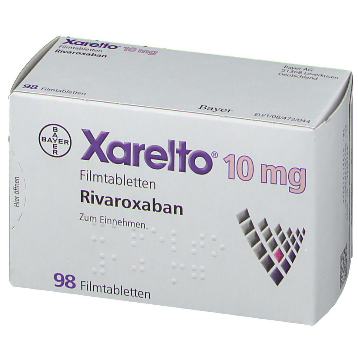 Schachtel Xarelto 10 mg. Aufschrift: Rivaroxaban, 98 Filmtabletten. Bayer-Logo. Weiße Verpackung mit lila Akzenten. Zum Einnehmen.