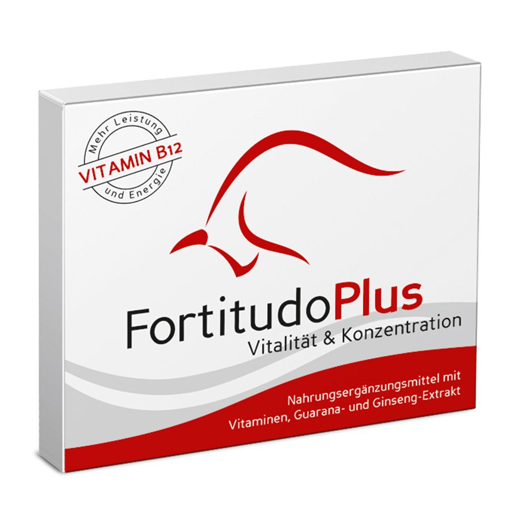 Weiße Schachtel mit rotem Streifen. Aufschrift: FortitudoPlus Vitalität & Konzentration. Logo mit Vogel. Vitamin B12 und Energie.