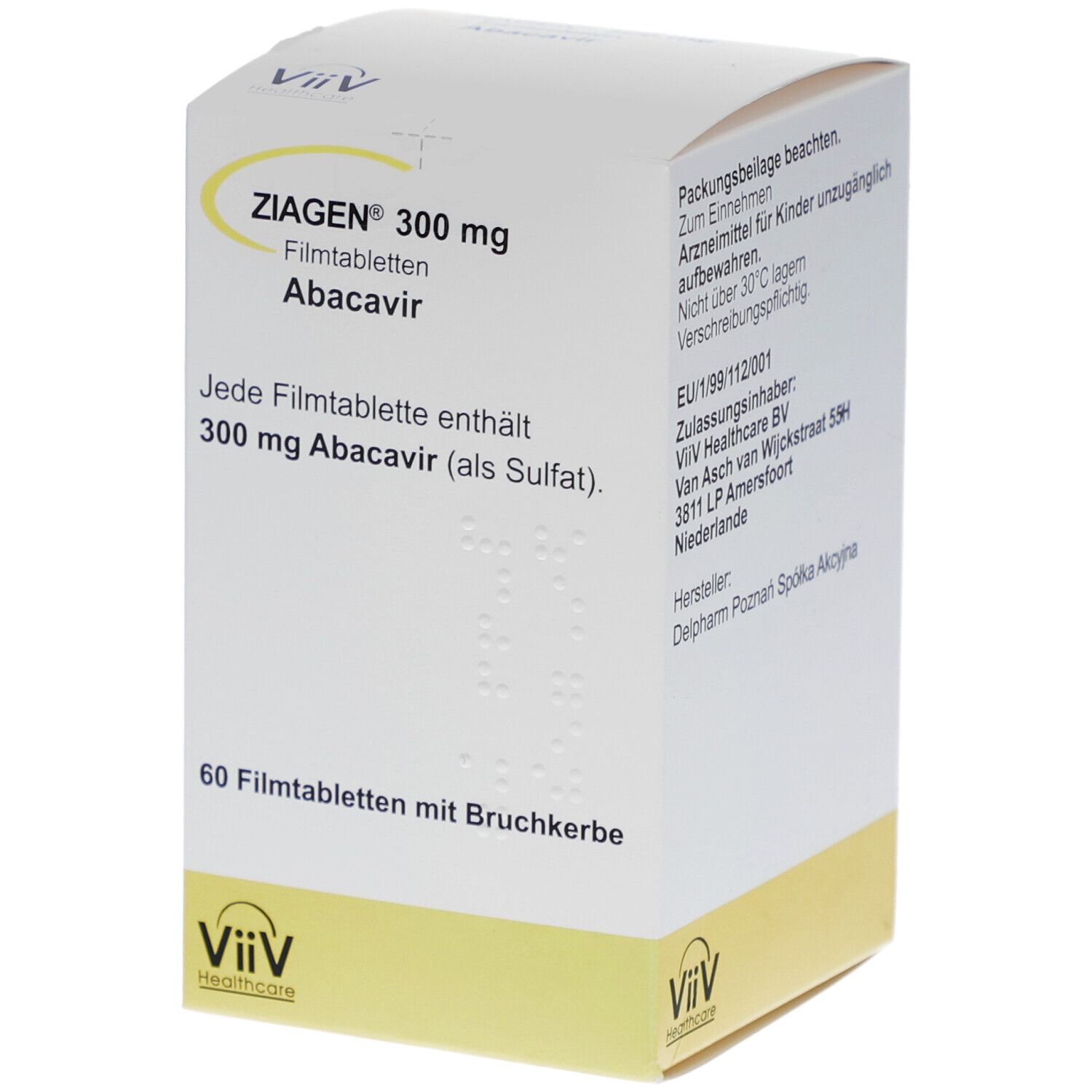 Weiße Schachtel mit ZIAGEN 300 mg. Enthält 60 Filmtabletten mit Abacavir. ViiV Healthcare Logo.